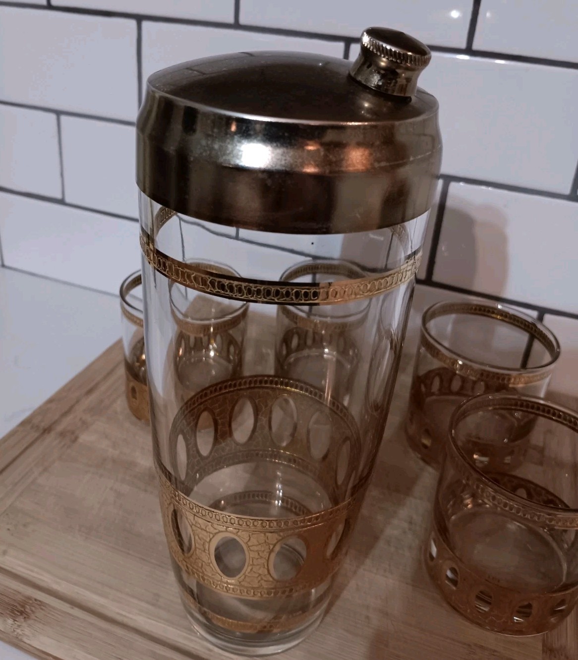 Vtg MCM 60s Culver Antigua Cocktail Shaker Low Ball 5 Pc Barware Set 22k Gold