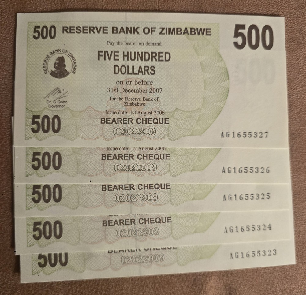 Zimbabwe 5x 500 dollar notes 2006 UNC Consecutive Serial Numbers Bank Notes