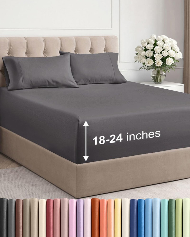 Extra Deep Queen Set - 4 Piece Breathable & Cooling Bed Sheets - Easily Fits ...