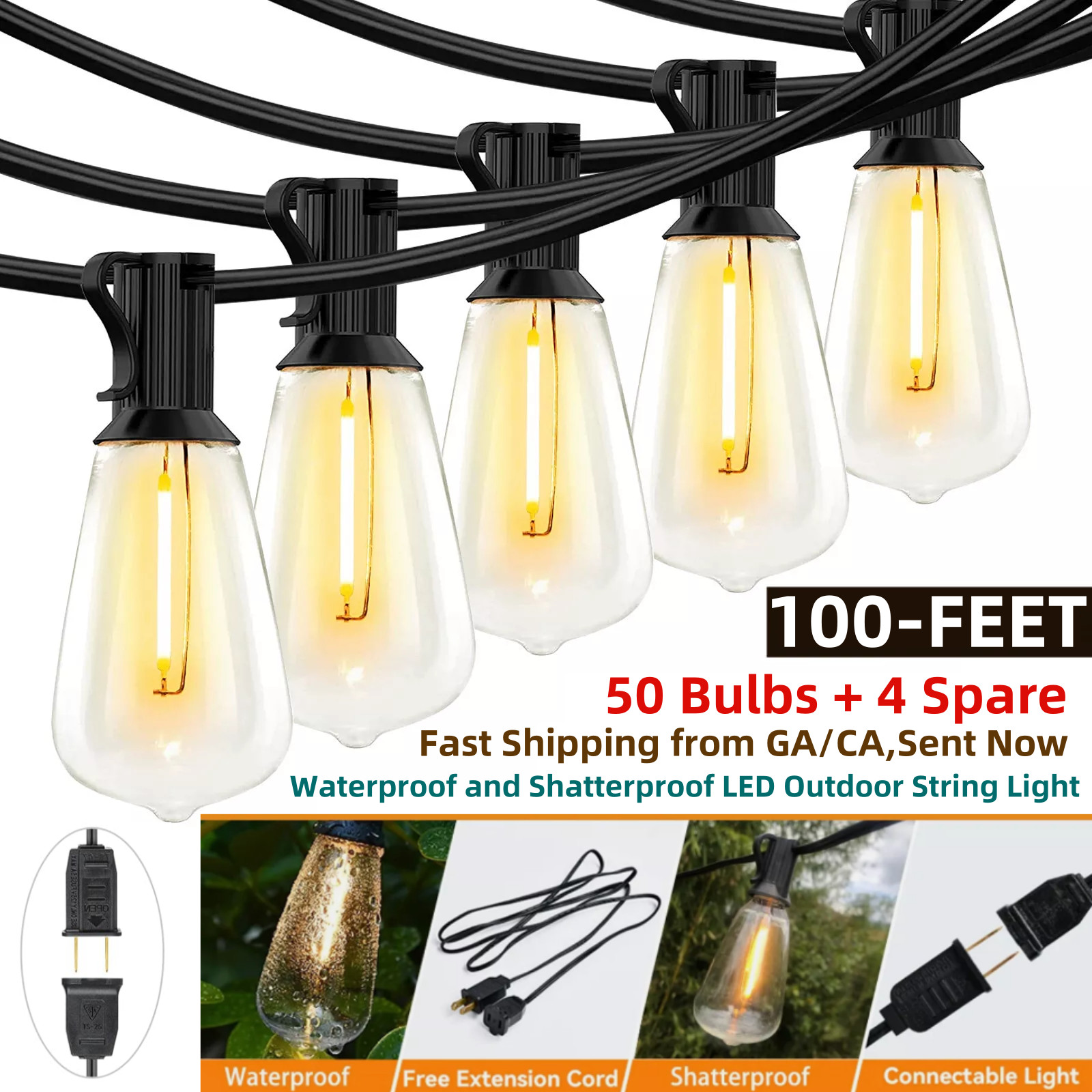 50FT - 400FT LED Outdoor String Lights Dimmable Waterproof ST38 LED Patio Lights