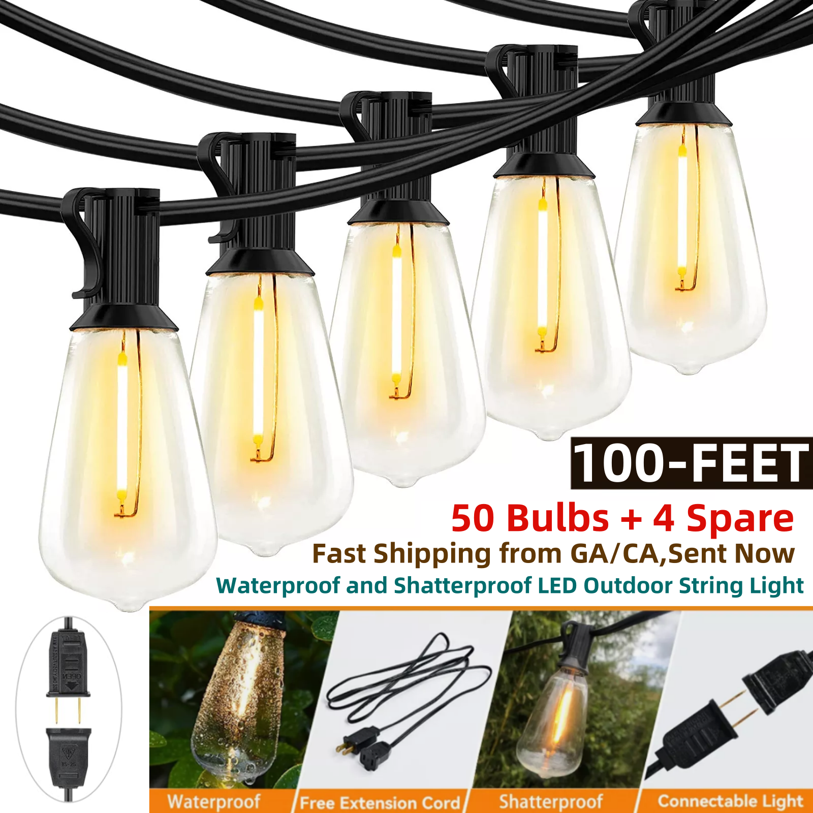 50FT - 500FT LED Outdoor String Lights Dimmable Waterproof ST38 LED Patio Lights