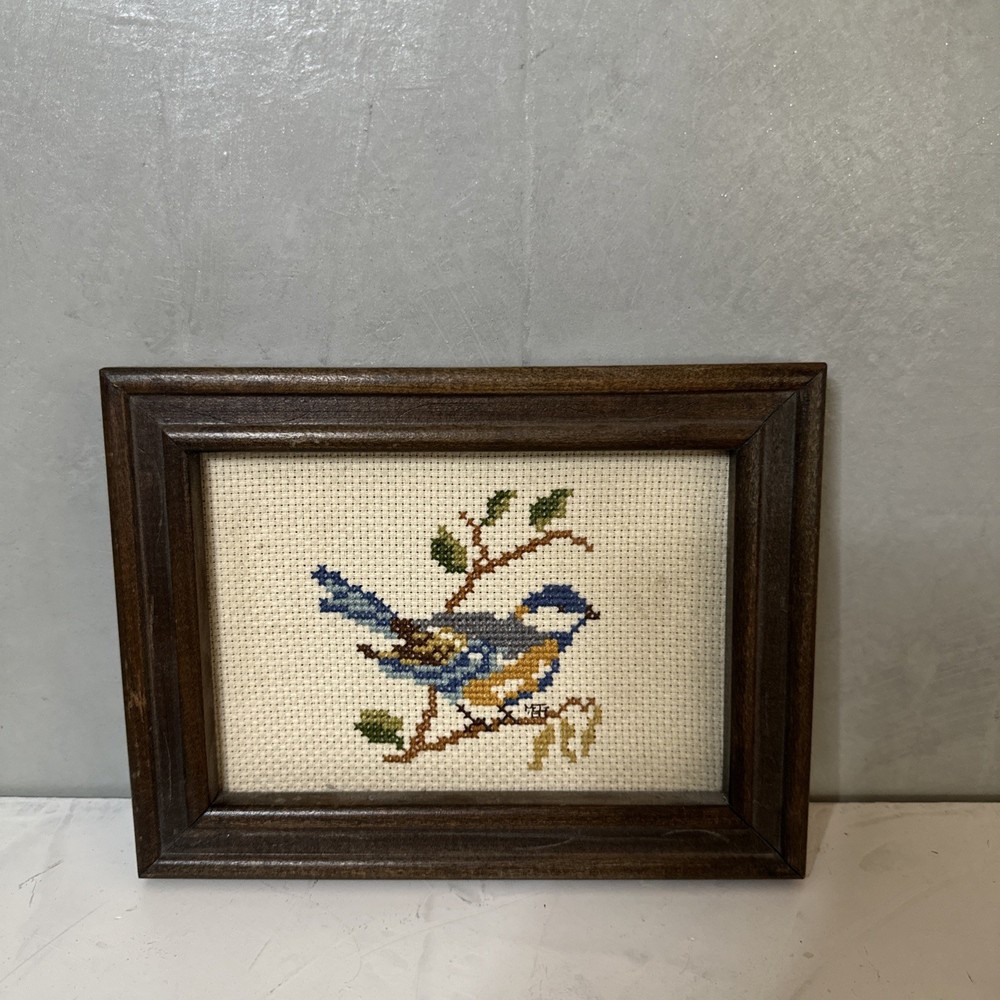 Vintage Needlepoint Framed Art Bird Bluebird