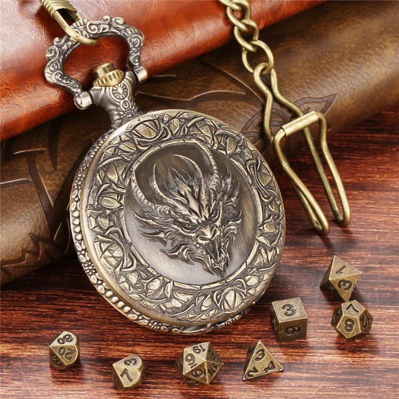 7pcs Solid Metal Polyhedral DND Dice D4-D20 in Dragon Engraved Pocket Watch Case