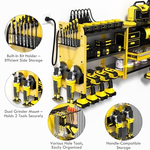 Large Power Tool Organizer Wall Mount with Locking Drawers, Grinder Yellow