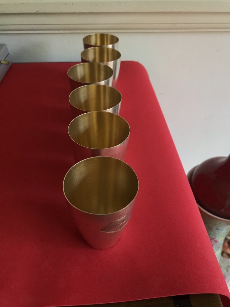 Antique Style Gold Gilded Solid Silver Six Large Vodka Shot Cups Scrap 352 Grams
