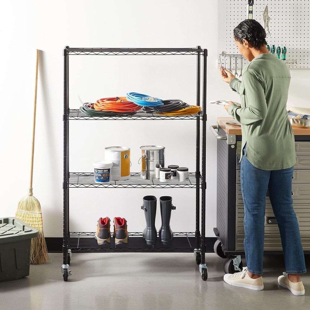Sturdy 4-Tier Wire Storage Rack with Adjustable Shelves - Easy Assembly, Black
