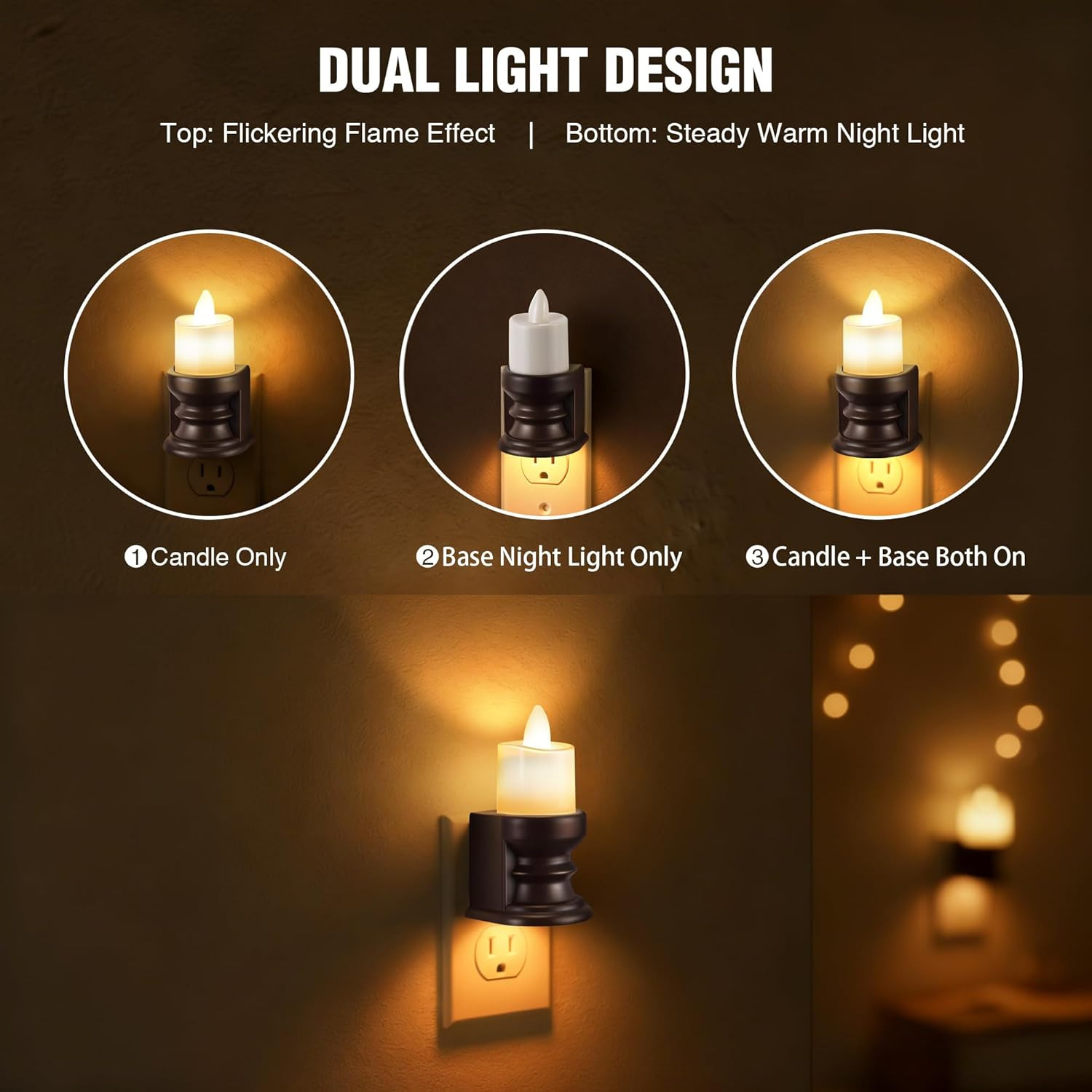 Flickering Flameless Candle Night Light Plug in, Dimmable LED Nightlight with Du