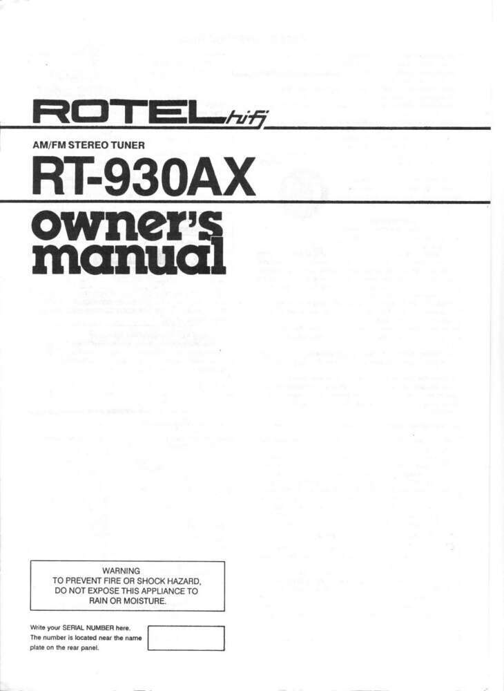 Rotel RT-930AX Tuner Owners Manual