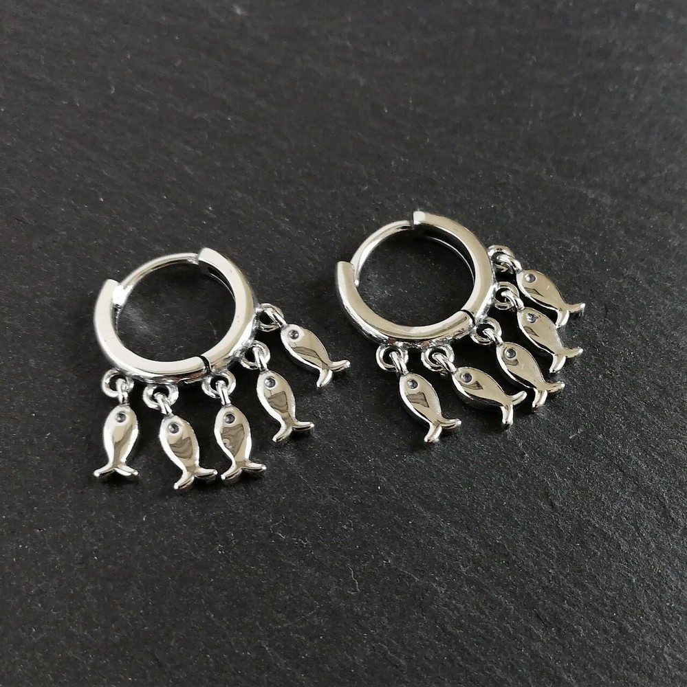 Shiny Sterling Silver Small Tiny Hoop Pierced Earrings with Dangling Small Fish