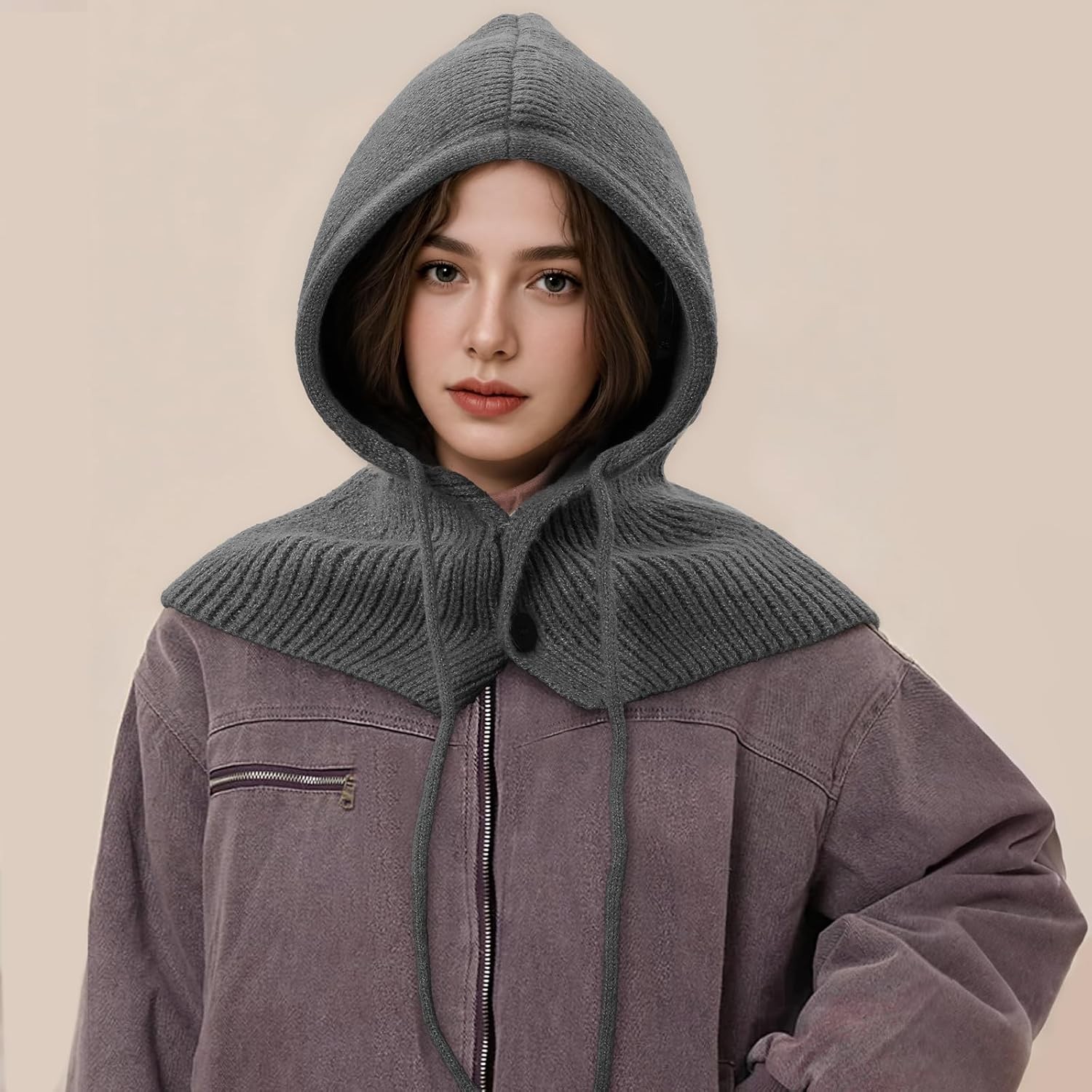 Balaclava Hat for Women, Warm Ear Neck Hooded Scarf with Drawstring, Grey