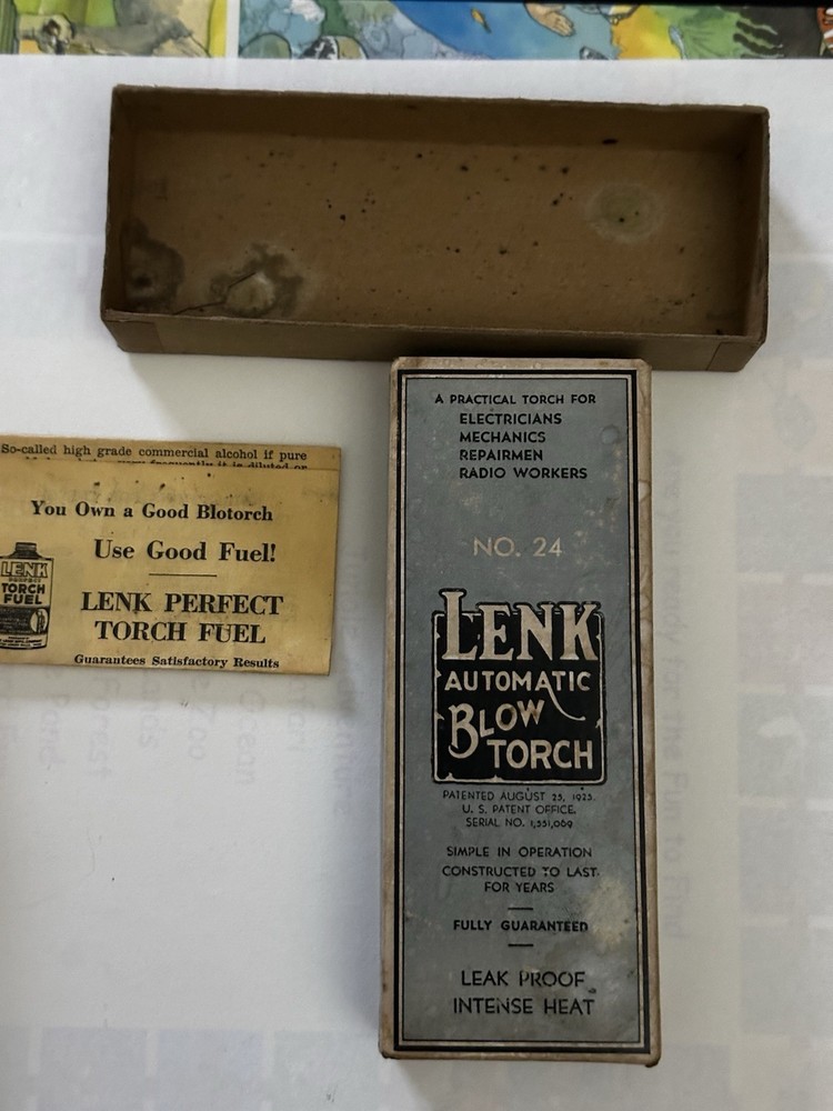 ANTIQUE LENK BRASS AUTOMATIC BLOW TORCH NO. 24 WITH BOX & INSTRUCTIONS -UNTESTED