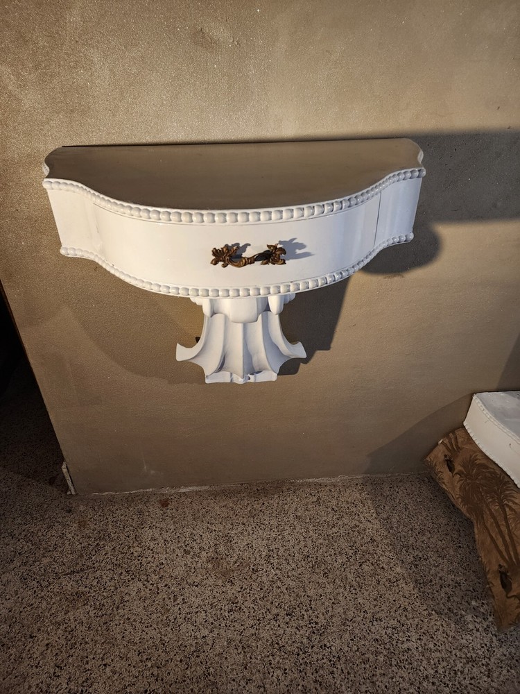 PAIR MID CENTURY MODERN Side Table or Consoles, Violin Scrolls Gloss White.