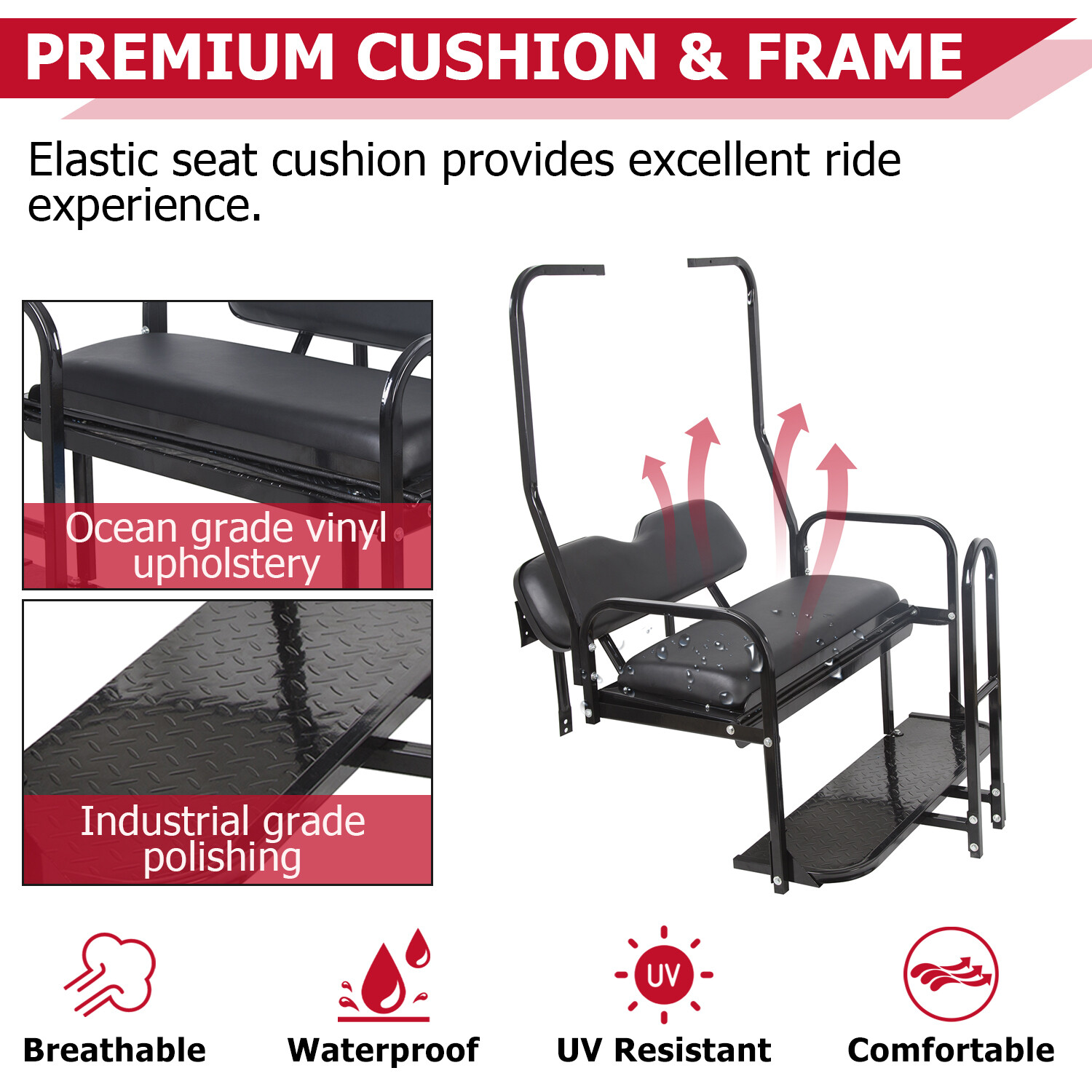 Rear Seat Kit w/ Grab Bar for Club Car DS (1982-2000.5) Golf Cart - Black