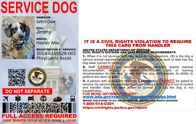 ADA SERVICE DOG ID CARD - CUSTOMIZABLE INFO PHYSICAL & DIGITAL CARD