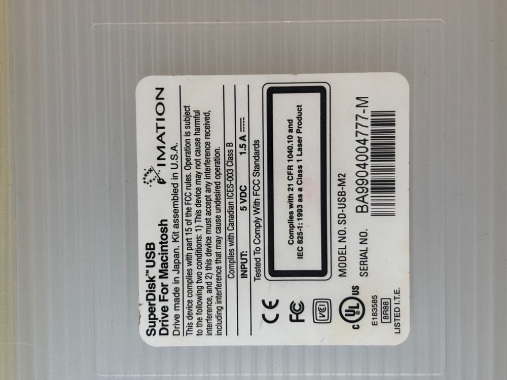 Imation SuperDisk USB Drive For Macintosh Model No. SD-USB-M2 External Drive