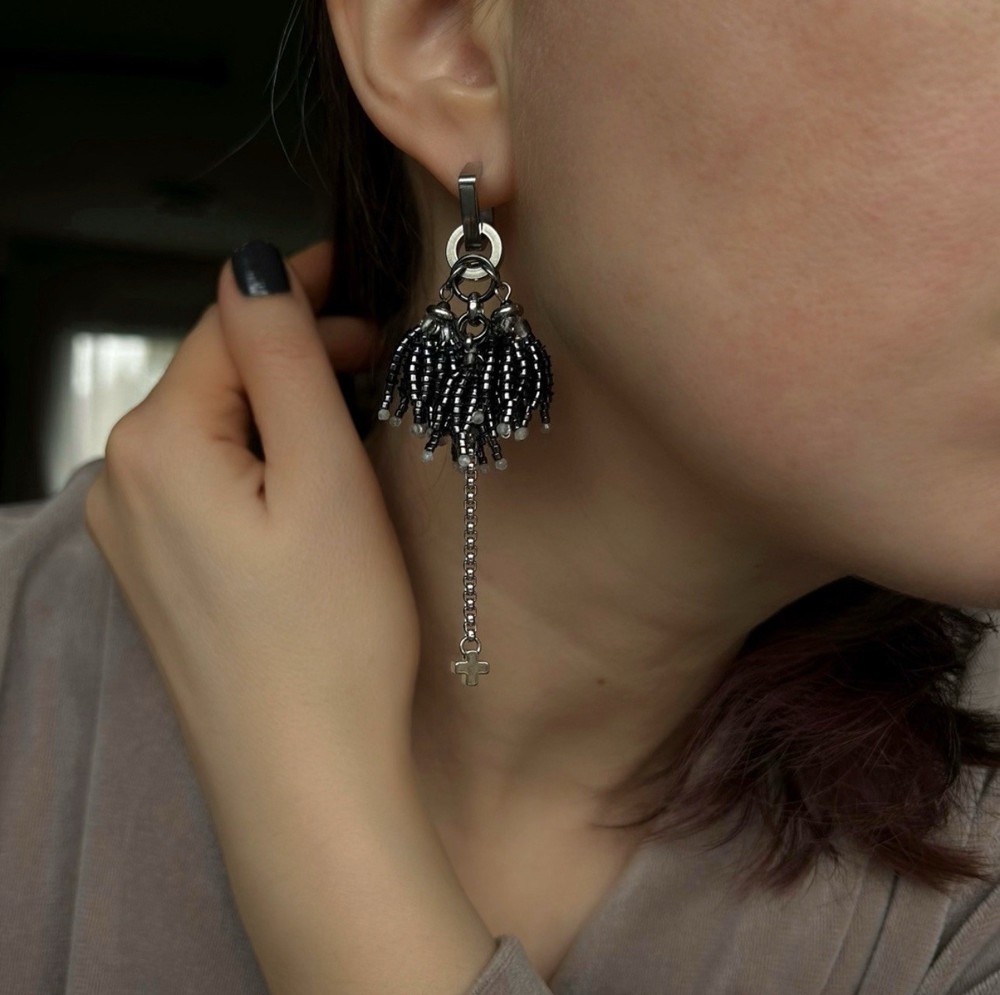Handcrafted Beaded Dangle Earrings, Black Silver Tone