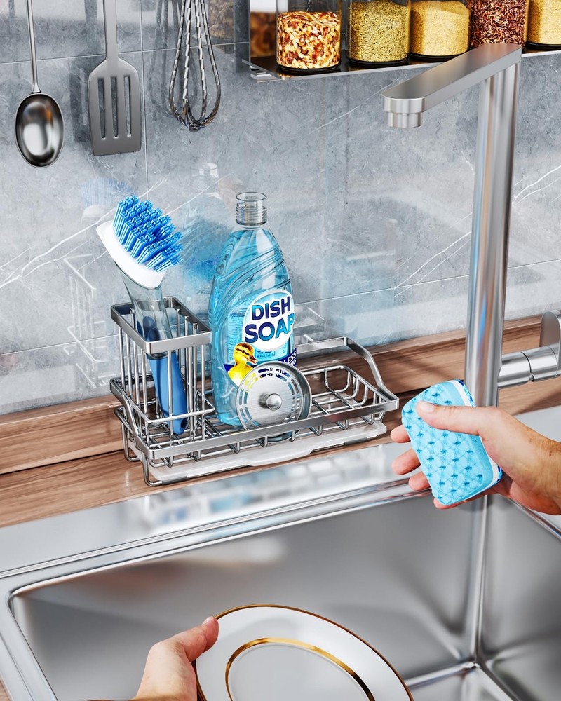 Consumest Sink Caddy, Kitchen Sponge Holder with Dish Brush Medium, A-silver