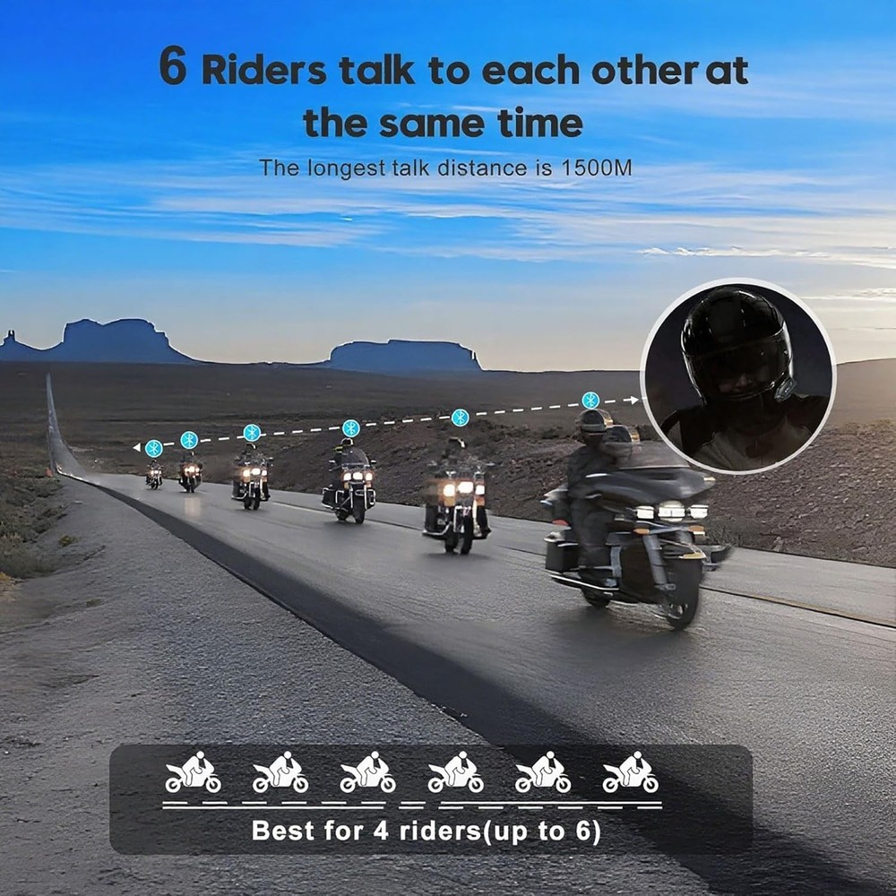 Q4 Motorcycle Bluetooth Headset: 1500m Intercom for 4 Riders, Waterproof & No...