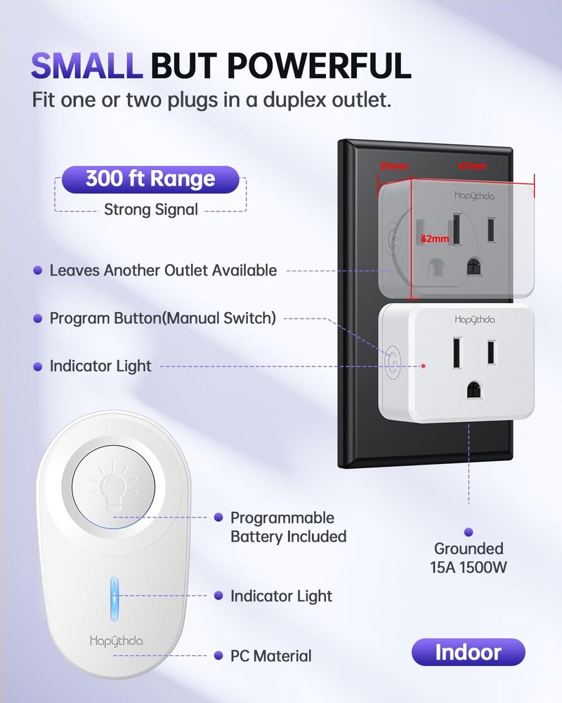 2 Pack Remote Control Outlet Plug, 15A Wireless Switch, 300ft RF Range