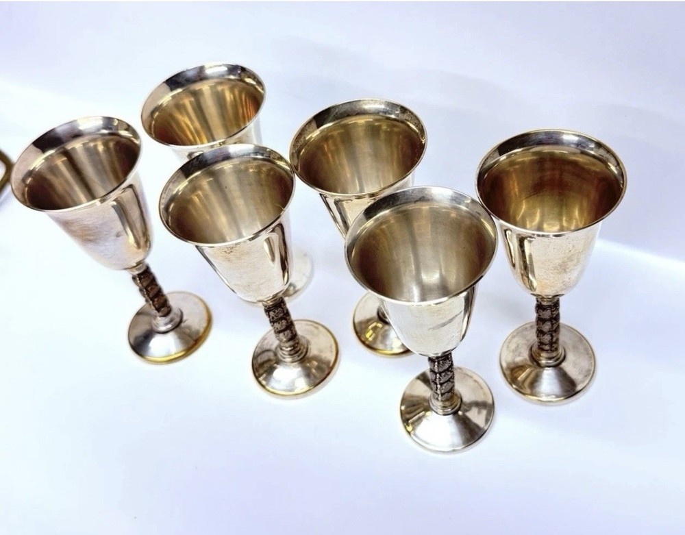 6 Silver Plate 4” GOBLETS Grapevine Stem Stamped: MADE IN SPAIN Visiuc, S. L.