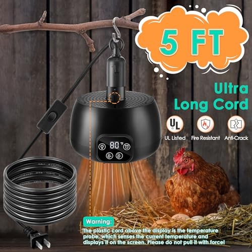 Chicken Coop Heater with LED Lighting, Adjustable Temperature, Timer & 1