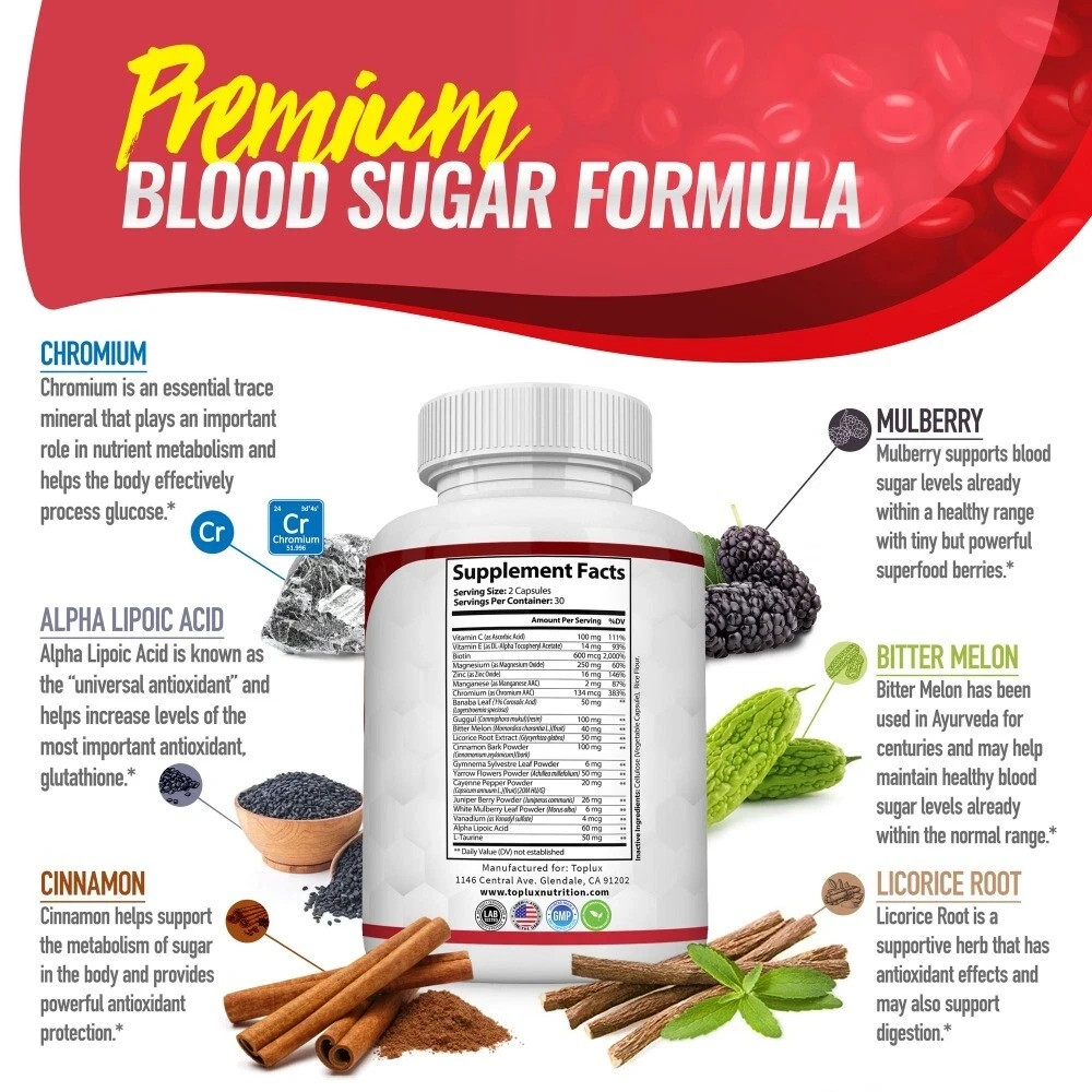 Blood Sugar Support | 20 Herbs Complex + ALA & Cinnamon | 60 Capsules