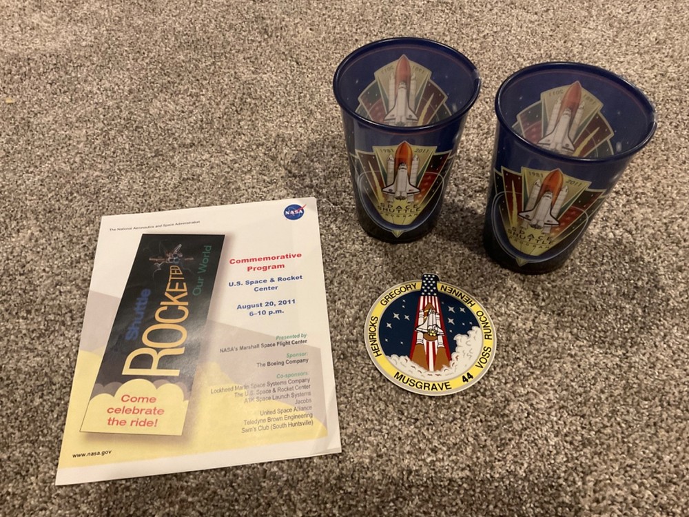 NASA Space Shuttle Memorabilia: Sticker, Plastic Cups, and Commemorative Program