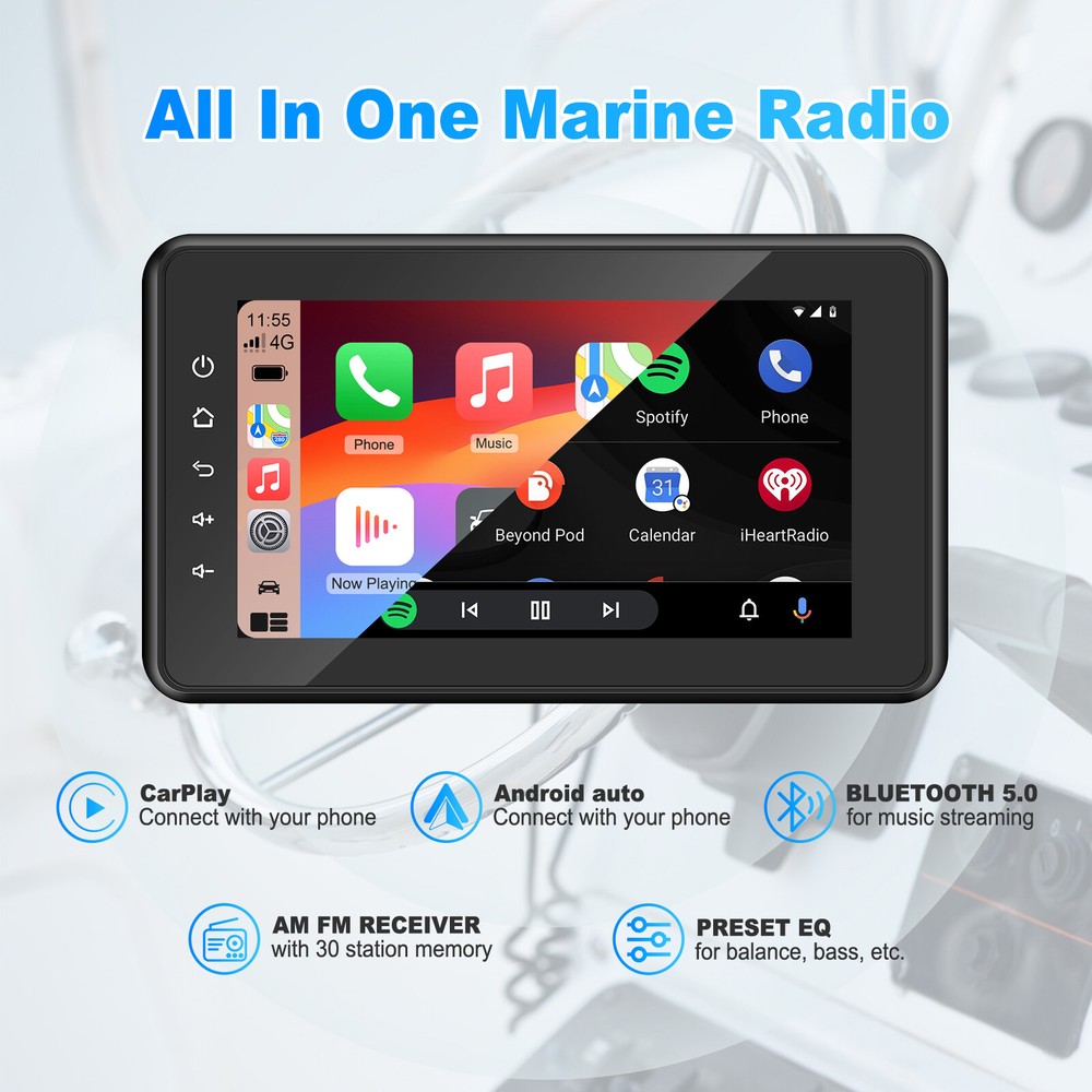 8" Waterproof Marine Multimedia Player CarPlay Android Auto Touchscreen for Boat