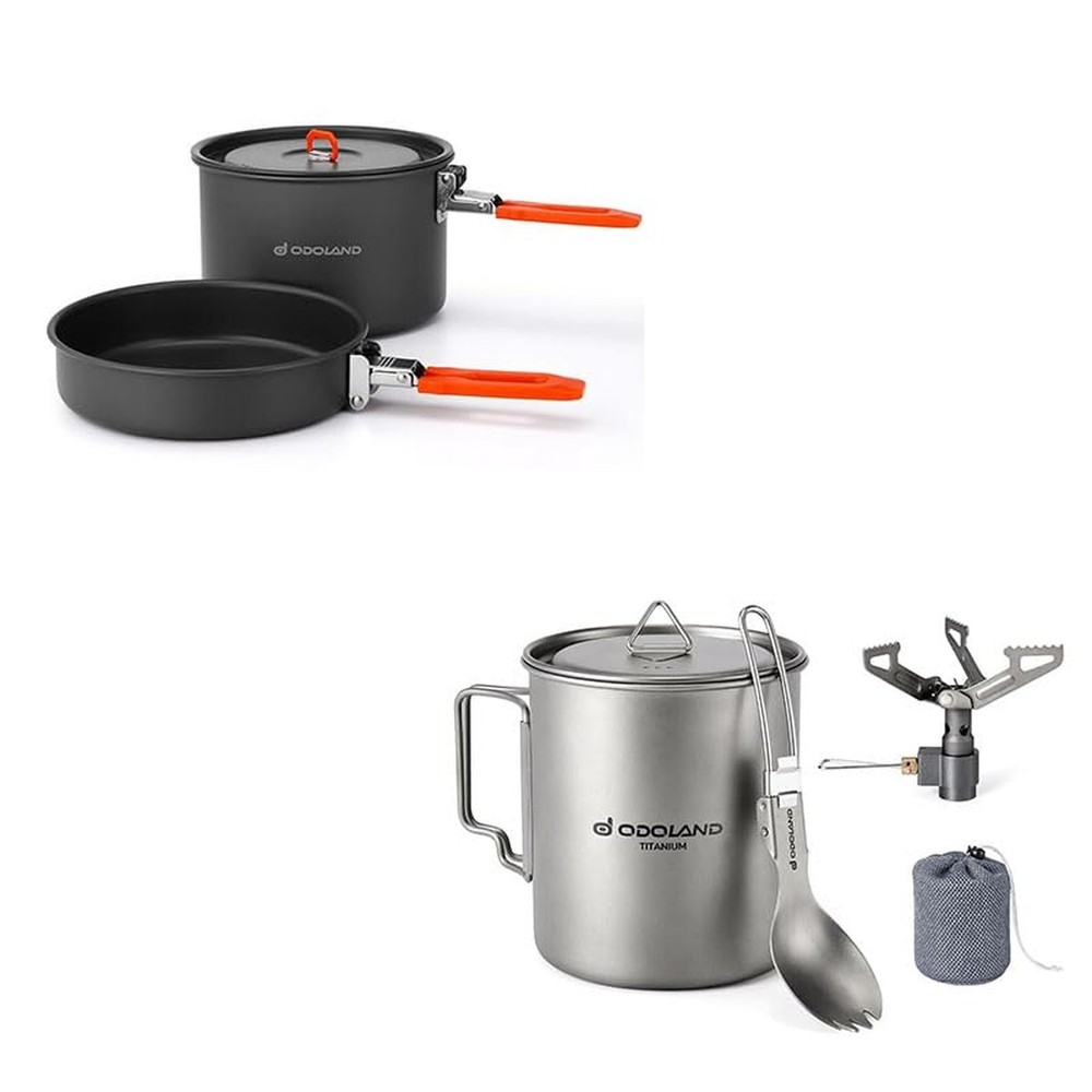 Odoland Bundle - 2 Items Camping Cookware Mess Kit and Titanium Camping Cookw...