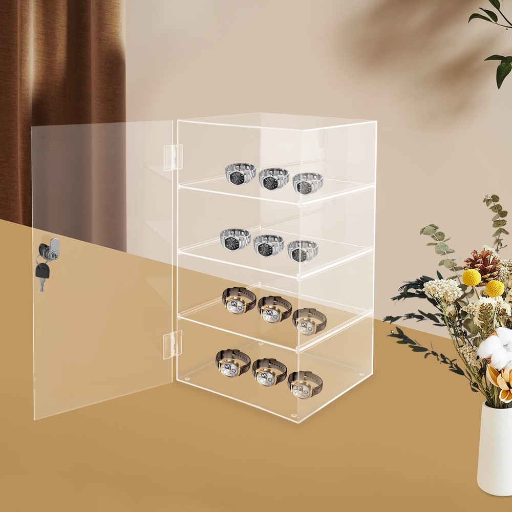 4 Tiers Clear Rectangular Display Case Desktop Lockable Acrylic Organizer w/Keys
