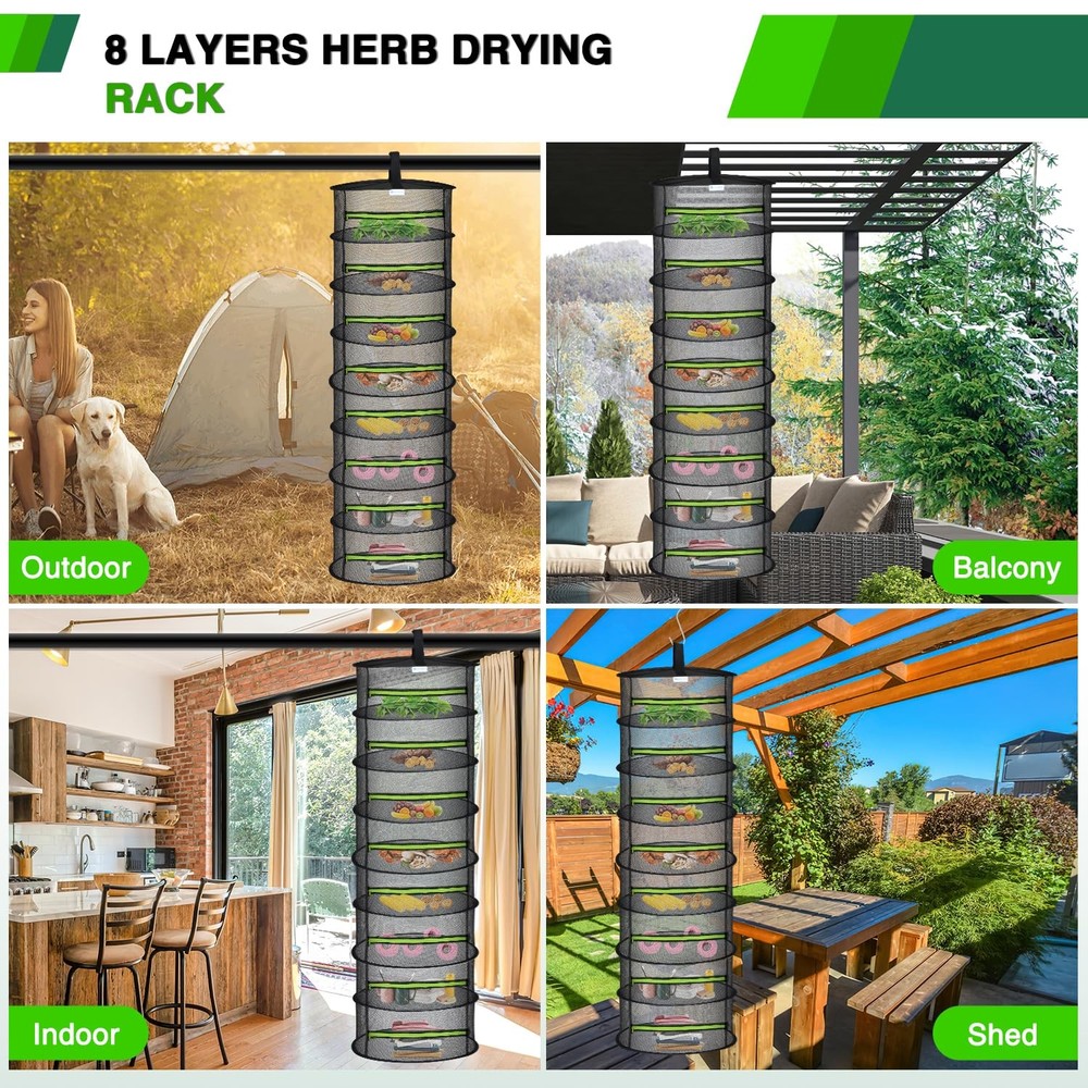 8 Layer Herb Drying Rack Hanging Mesh Foldable Plant Drying Racks 24" w Green...