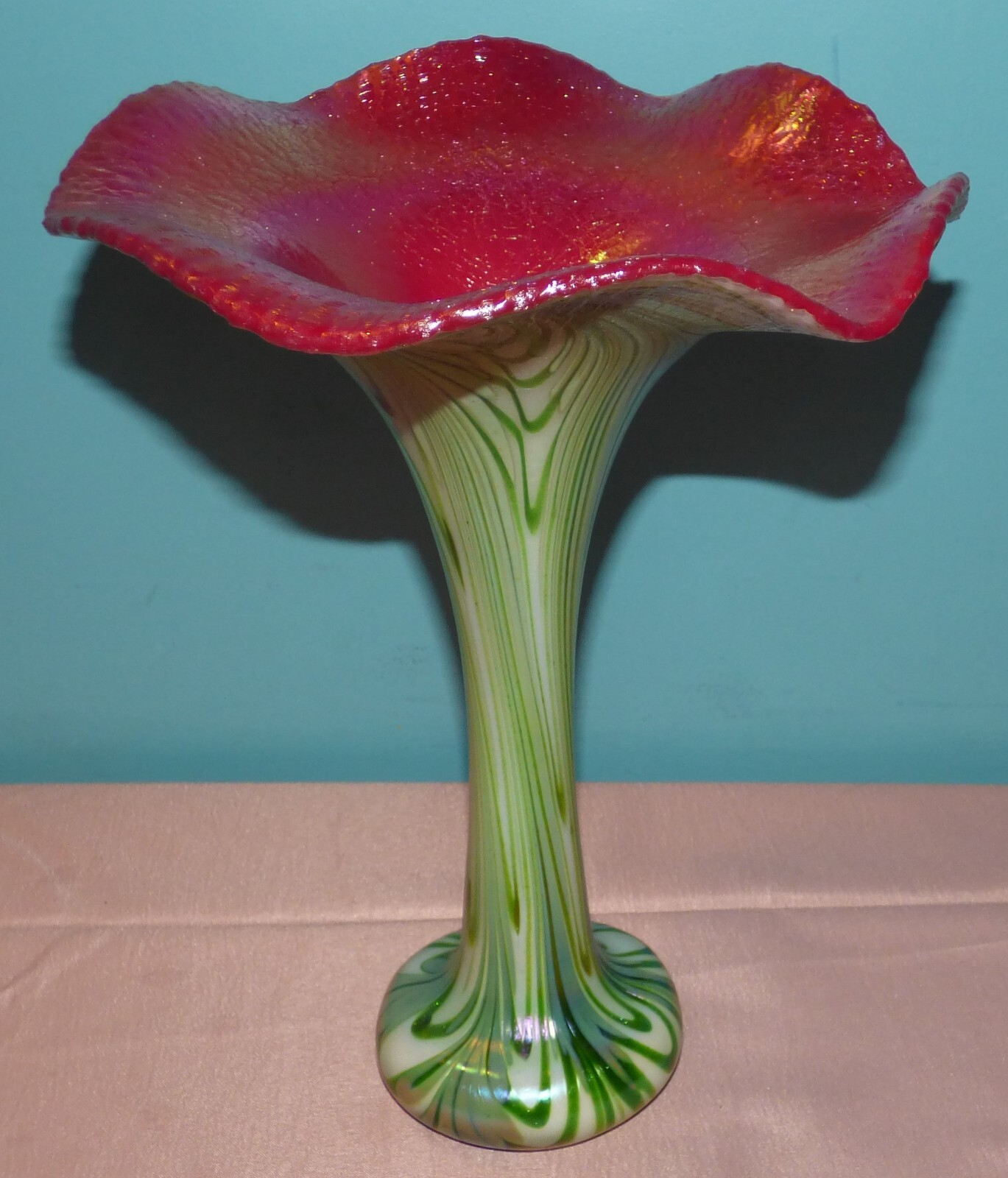 Charles Lotton Aventurine Art Glass Vase 2009 White/Green Pulled Feather 12 1/4"