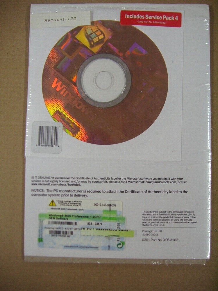 MICROSOFT WINDOWS 2000 PROFESSIONAL WITH SP4 FULL OPERATING SYSTEM MS WIN PRO