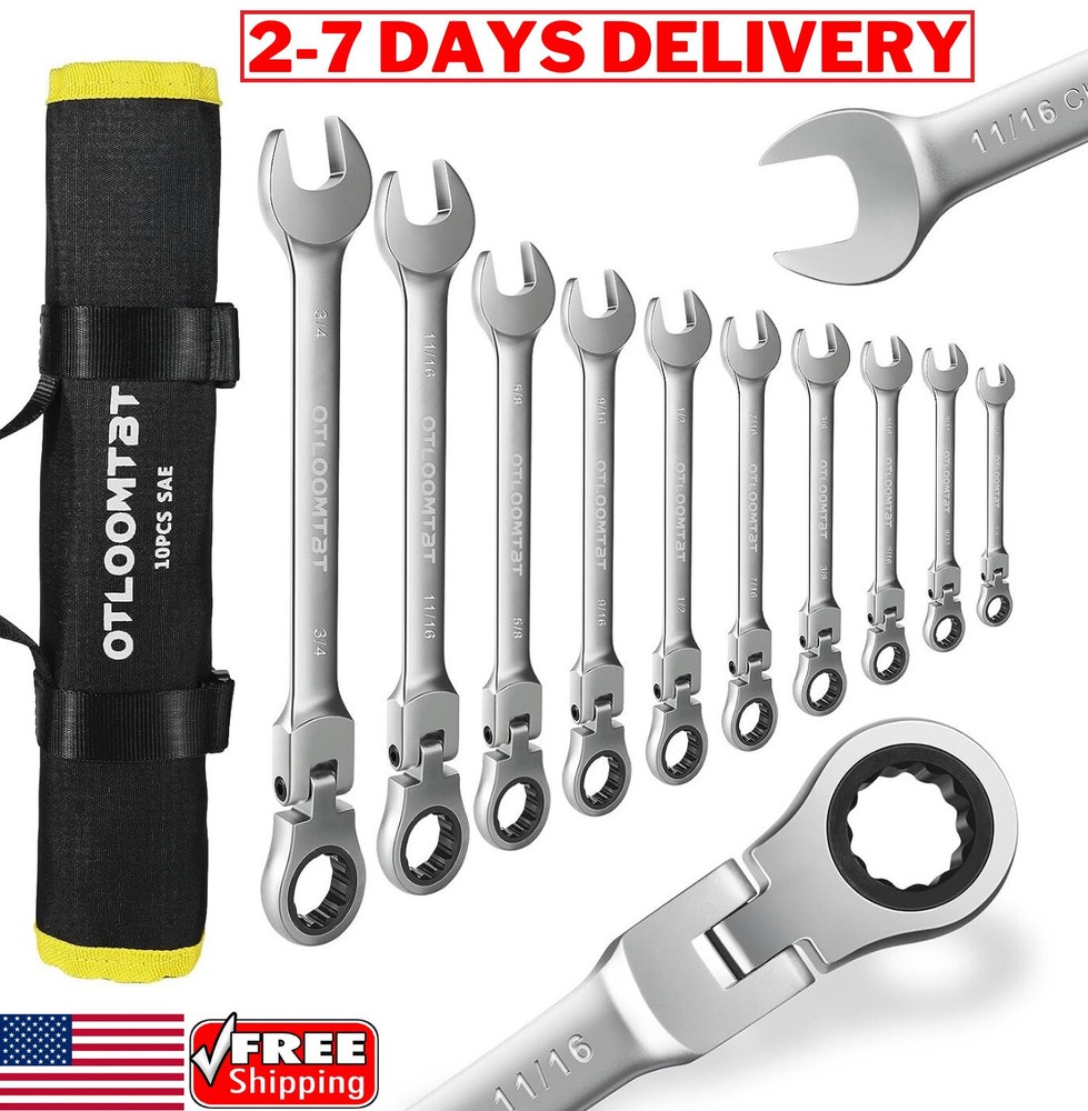 10pcs SAE Ratcheting Combination Wrench Set Flex Head Fixed Head Spanners kit