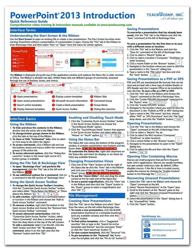 PowerPoint 2013 Training Guide Quick Reference Card 4 Page Cheat Sheet Help