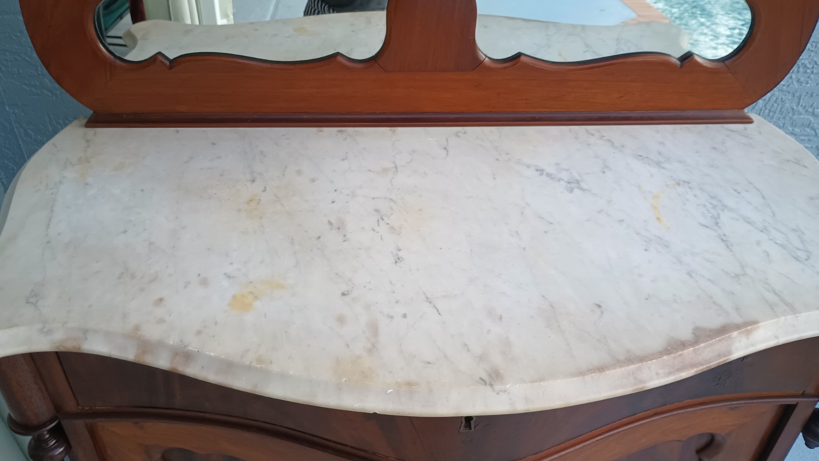 Antique Serpentine Mahogany Dresser Marble Top & Mirror Shelf Entryway Table