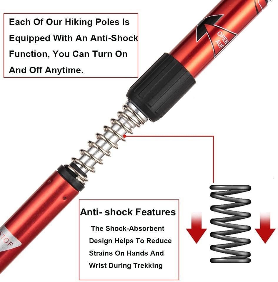 Red Aluminum Trekking Poles 2 Count - Anti-Shock, Collapsible & Replaceable Tips