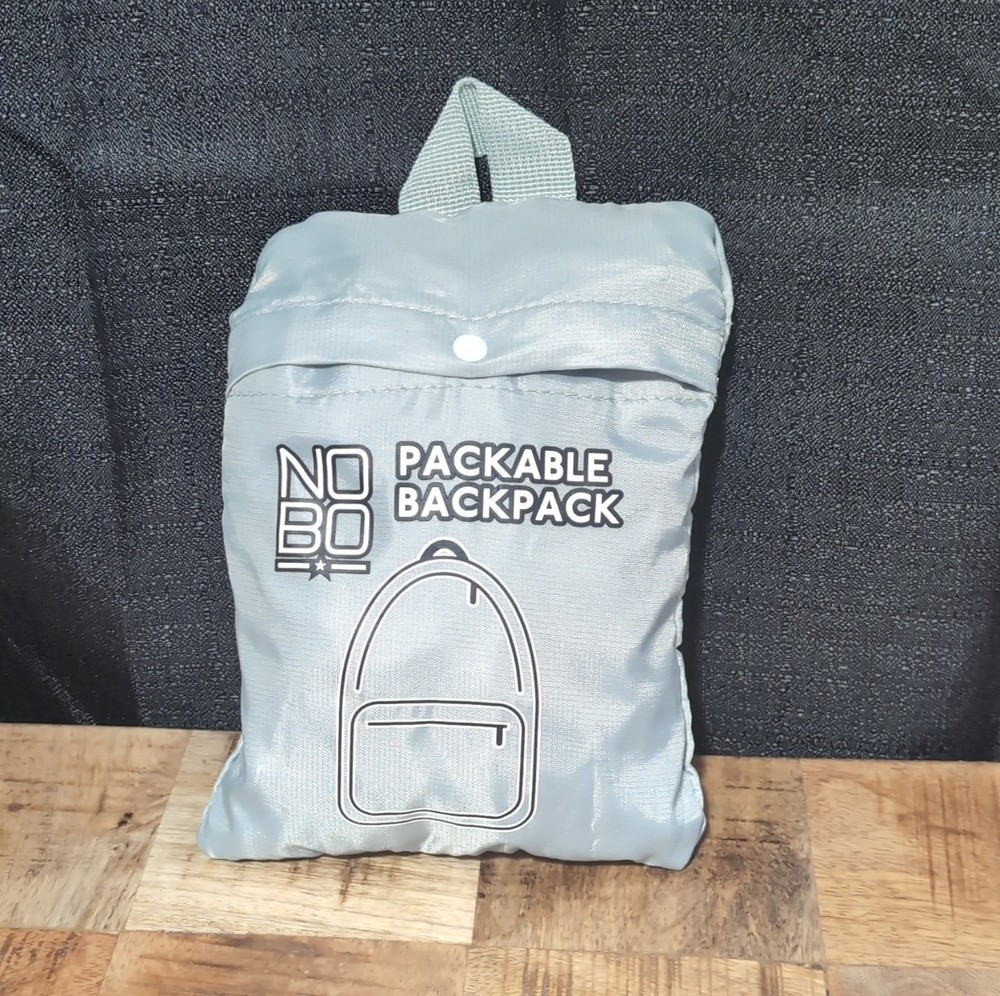NO BO Packable Lightweight Foldable Gray Nylon Daypack Backpack Zip 2 Pockets