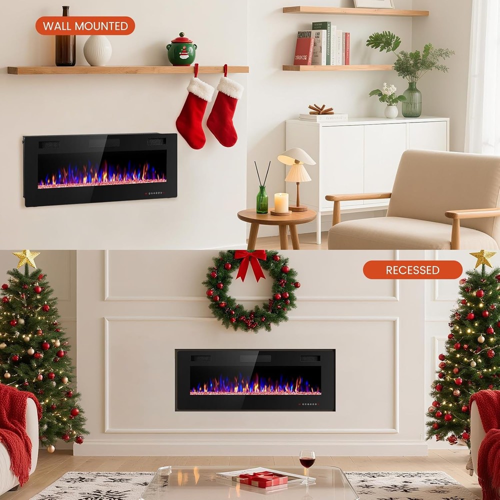 50" Wall Mounted Electric Fireplace with Remote Control & Adjustable Flame Color
