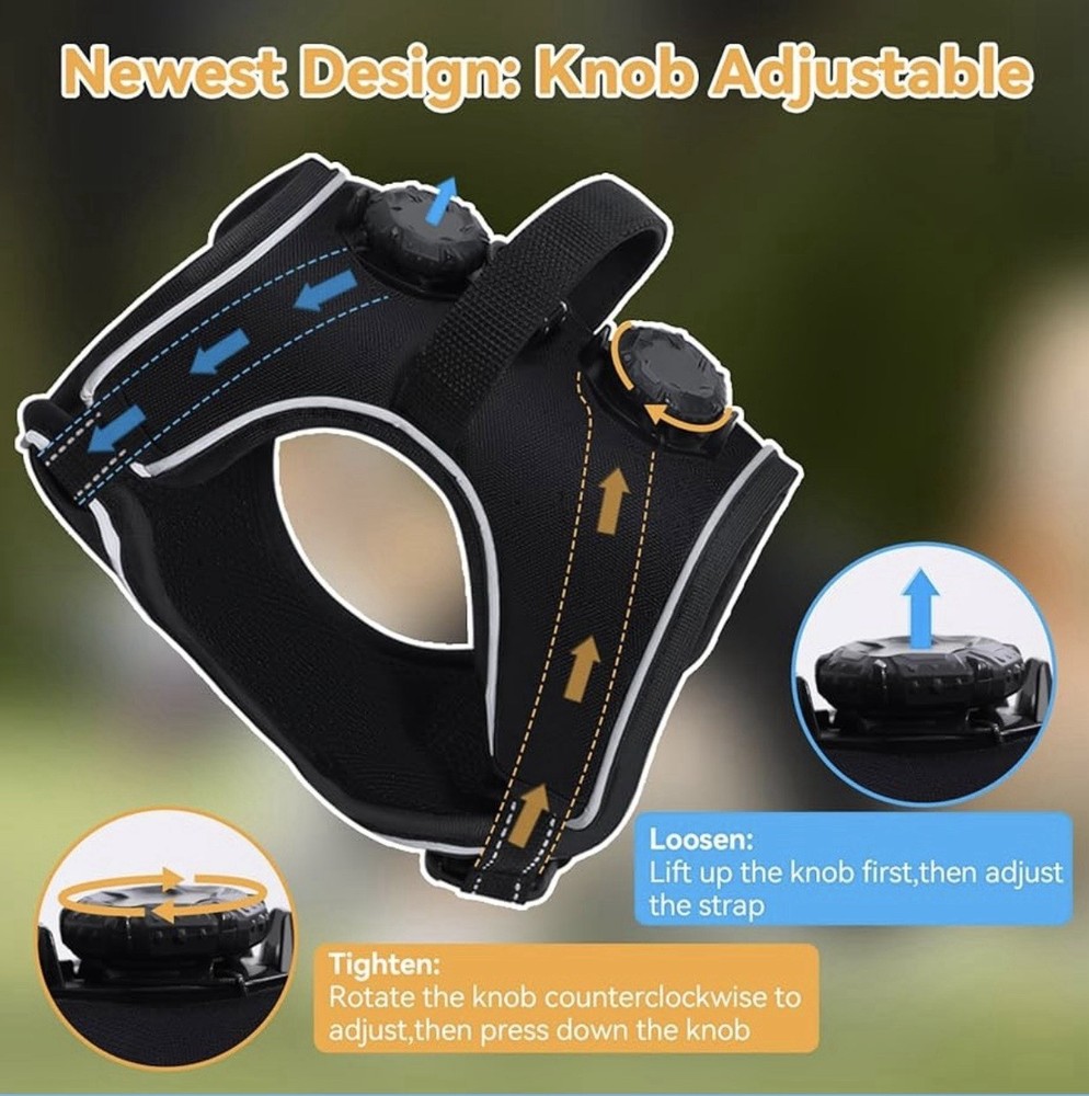 Premium Padded Dog Harness, No Pull Reflective Knob Adjustment, Black (Medium)