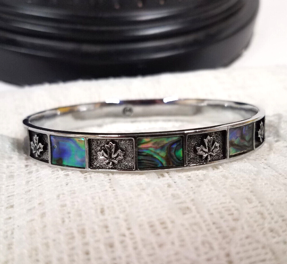 Vintage Signed M Bangle Abalone Shell Inlay Silver Tone Maple Canada Leaf 2-1/2"