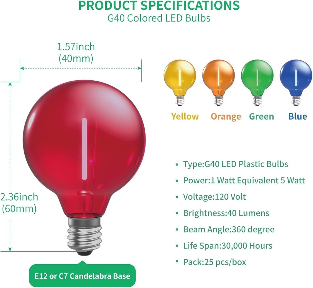 Multicolor G40 Replacement Light Bulbs for Christmas Lights, E12/C7 Candelabr...