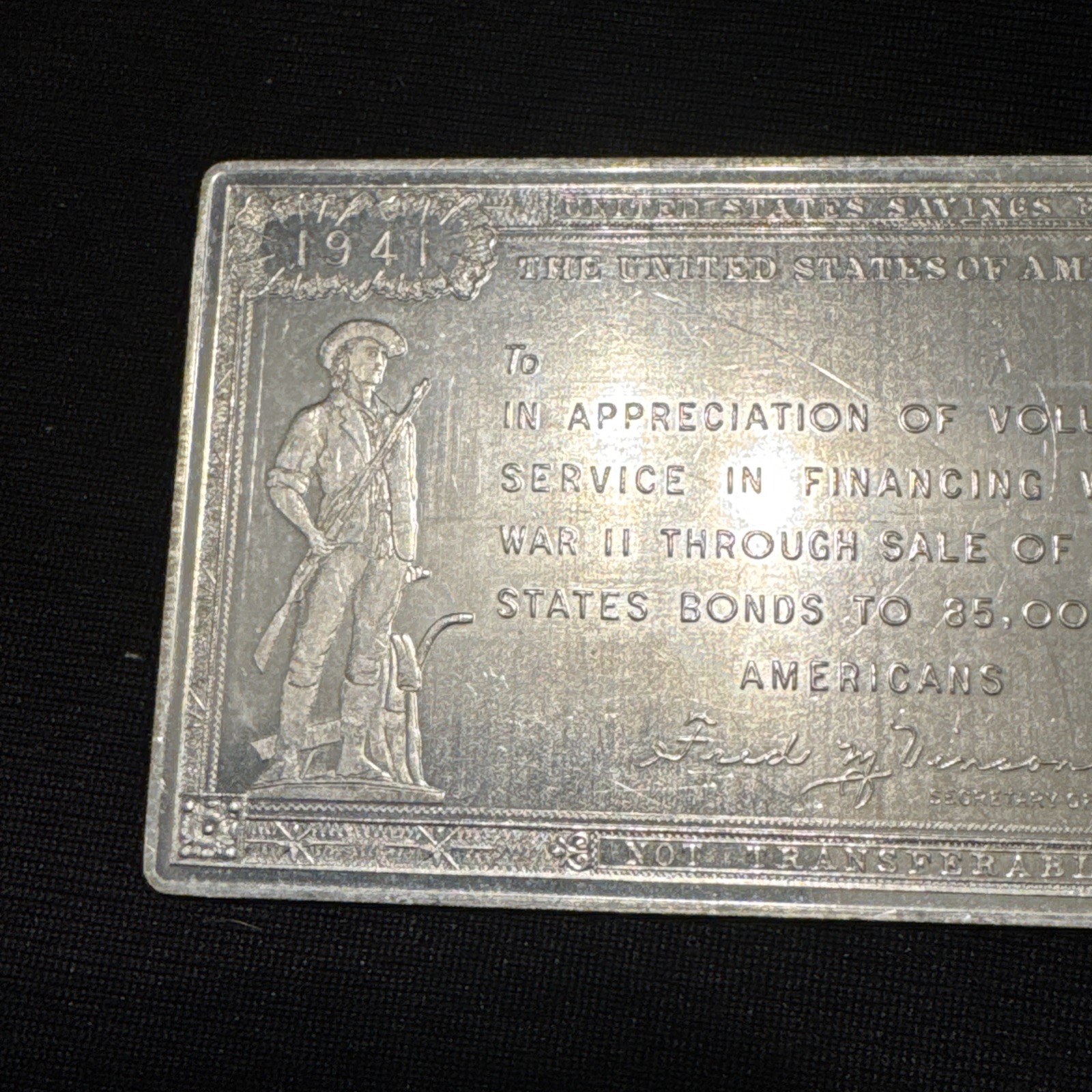 Vintage US Saving Bond Appreciation Aluminum Plaquette 1941-1945 WWII Minuteman