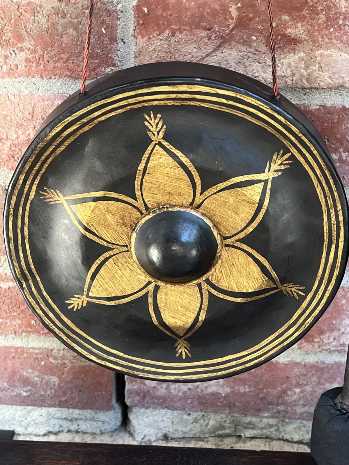 Vintage Thai-Style Temple Gong on Wood Stand 22” w/ Mallet Buddhism Decor