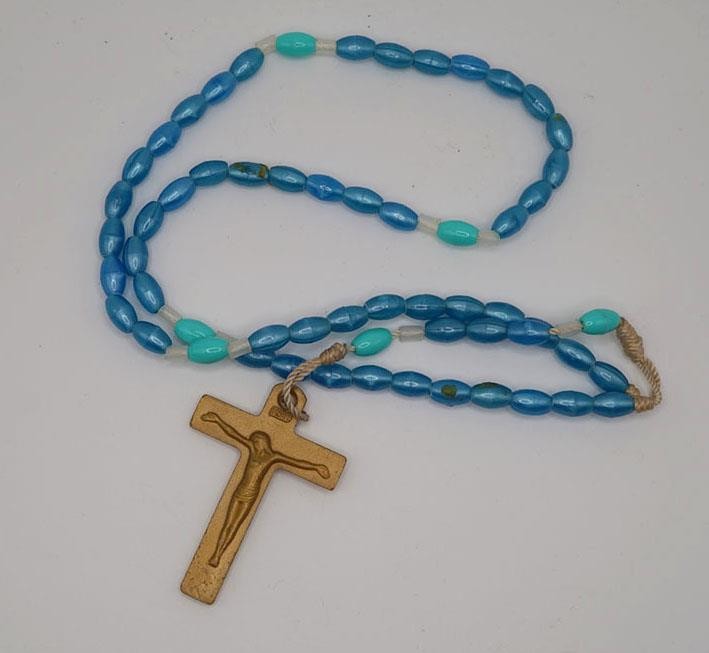 Blue Plastic Beaded Chain Rosary Necklace Cross Pendant