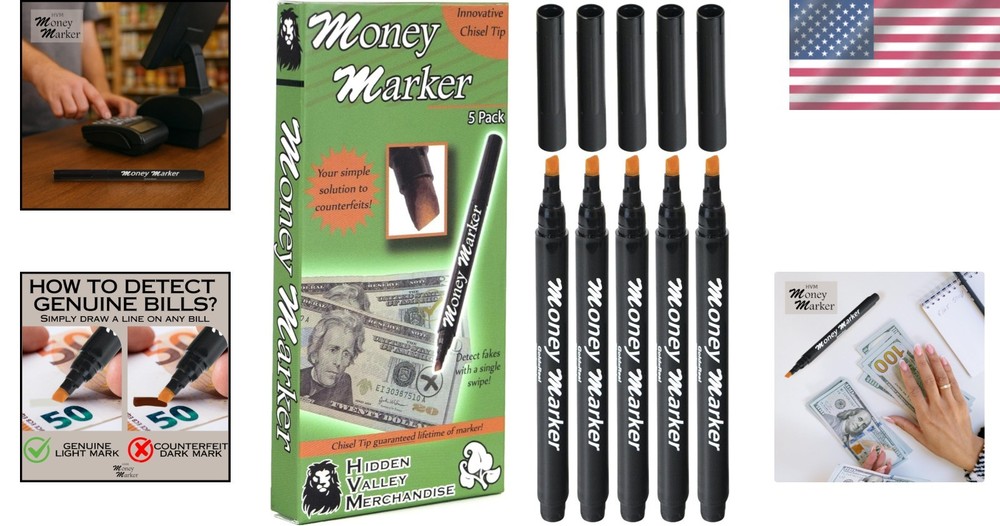 5 Count Chisel Tip Counterfeit Currency Detector Pens - Reliable & Easy
