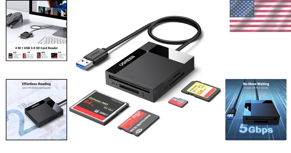 Compact USB 3.0 Card Reader for Simultaneous SD/TF/CF Data Transfers - Black