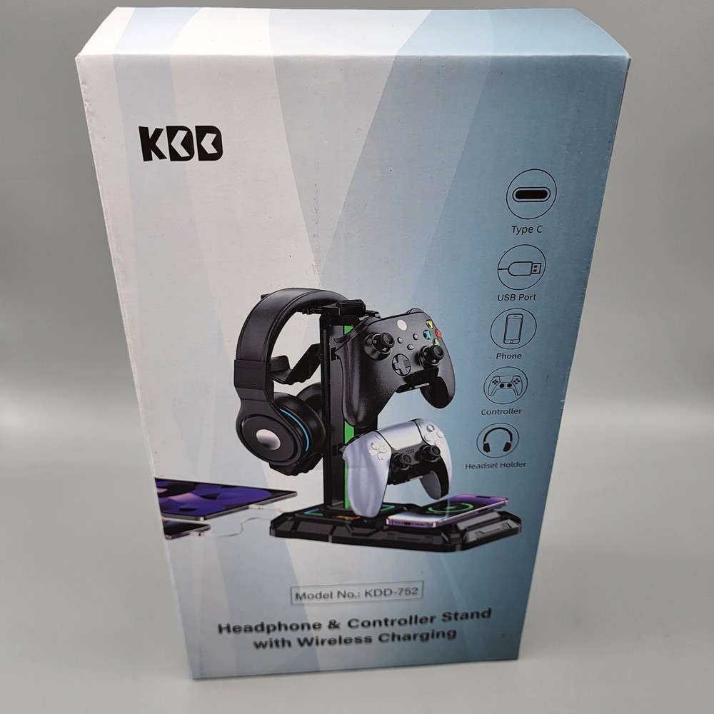 Black Headphone & Controller Stand with Wireless Charging Station Rotatable NEW