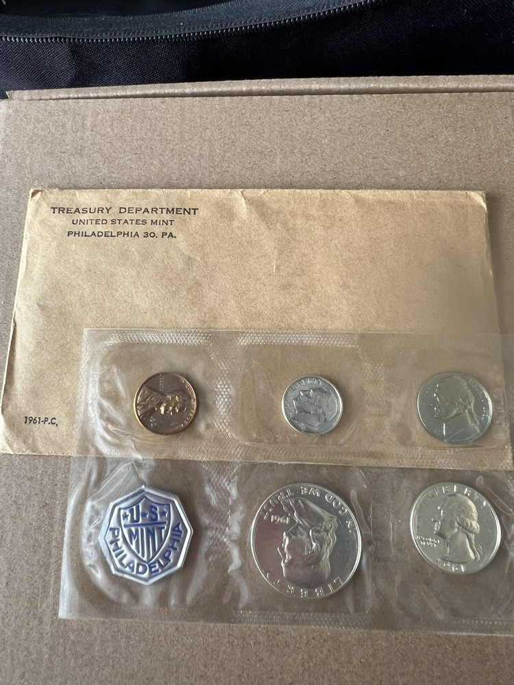 1961 US Mint Proof Set 5 Coins 90% Silver Original Envelope & Cello Flat Pack