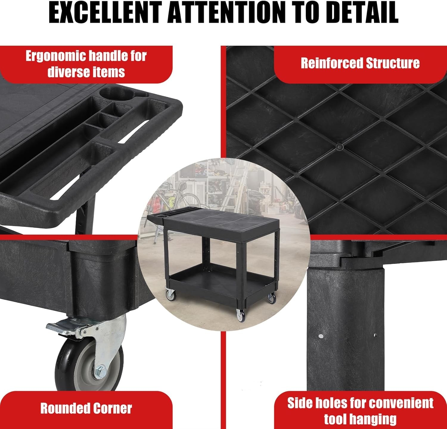 Heavy Duty Plastic Utility Service Cart Flat top 45.8 x 25 Inch Work Cart 550lb